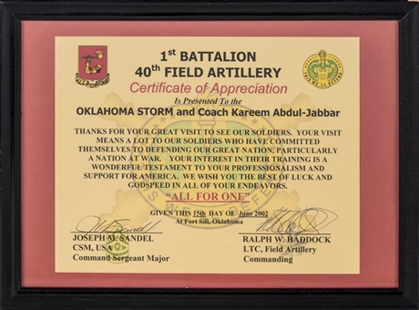 2002 1st Battalion 40th Field Artillery Certificate of Appreciation Presented To Coach Kareem Abdul-Jabbar (Abdul-Jabbar LOA)